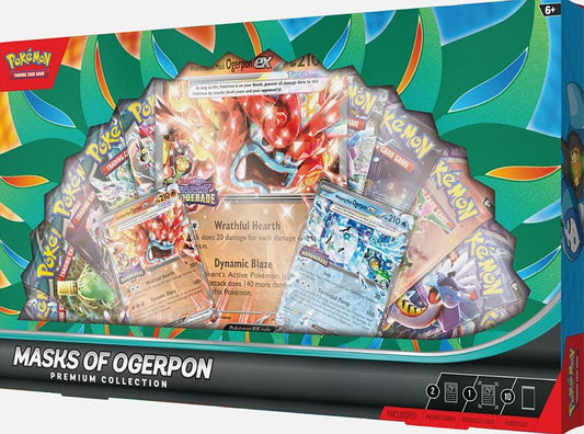 Pokémon Masks of Ogerpon Premium Collection 2025 met promo kaarten, oversized kaart en 10 boosterpacks.