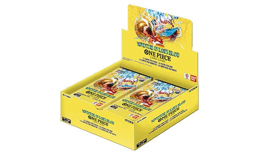 Een geopende display box van de One Piece Card Game Adventure on Kami's Island OP15 met 24 booster packs.