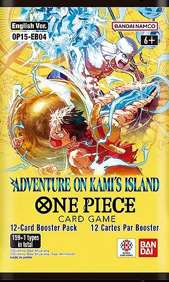 Vooraanzicht van een One Piece Card Game Adventure on Kami's Island OP15 booster pack met 12 kaarten.