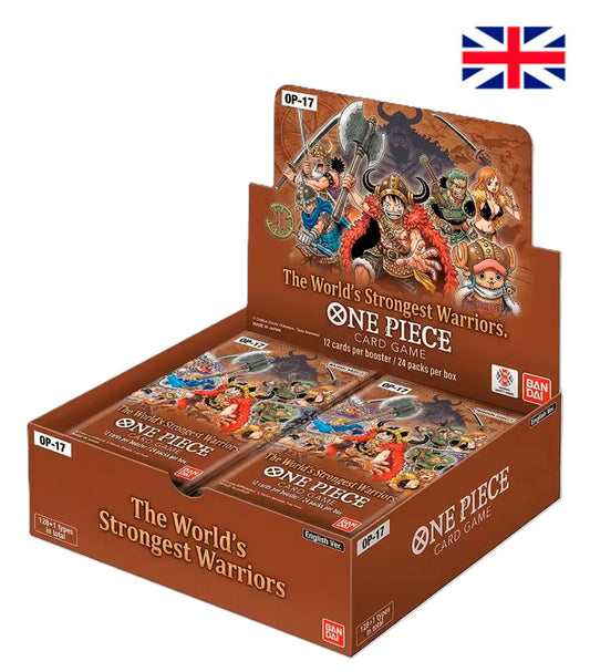 Verzegelde One Piece Card Game The World's Strongest Warriors OP-17 booster box display.
