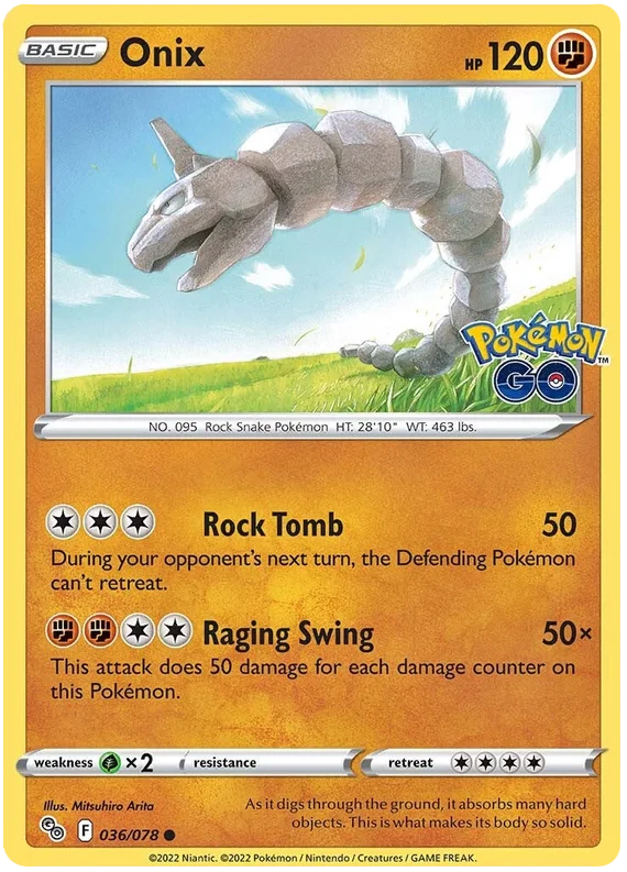 Onix #036/078 common Pokémon GO kaart met Rock Tomb en Raging Swing aanval