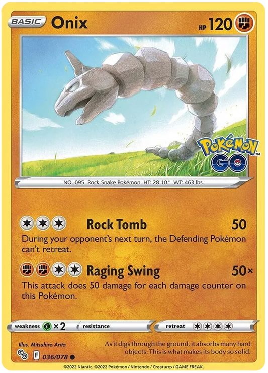 Onix #036/078 common Pokémon GO kaart met Rock Tomb en Raging Swing aanval