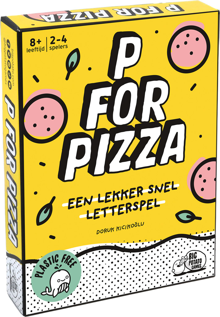 P for Pizza Nederlandse versie bordspel doos en driehoekige letterkaarten