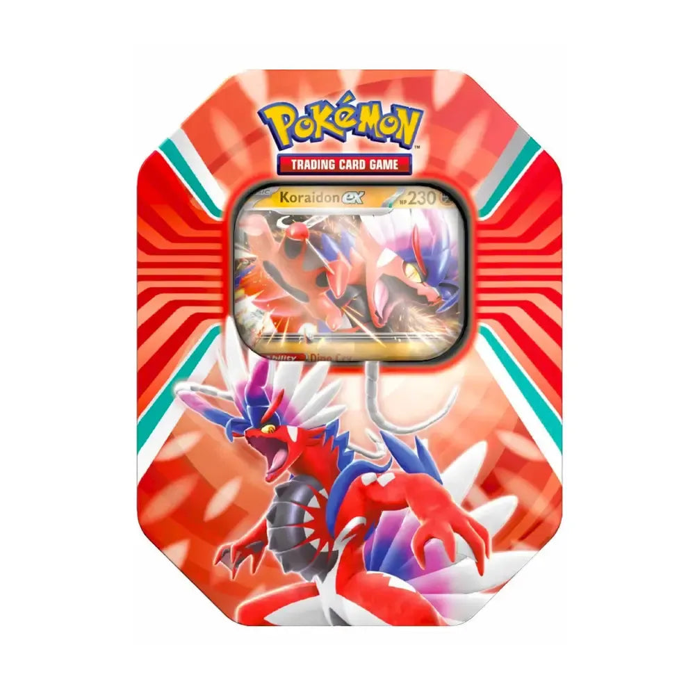 Pokémon Paldea Legends Koraidon ex Tin met promo kaart en 4 boosterpacks uit Scarlet & Violet en Silver Tempest.