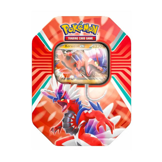 Pokémon Paldea Legends Koraidon ex Tin met promo kaart en 4 boosterpacks uit Scarlet & Violet en Silver Tempest.