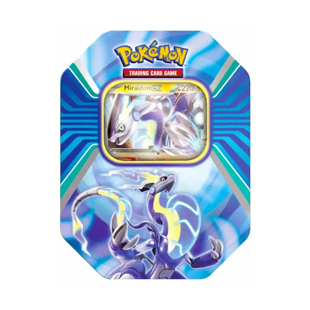 Pokémon Paldea Legends Miraidon ex Tin met promo kaart en 4 boosterpacks uit Scarlet & Violet en Silver Tempest.