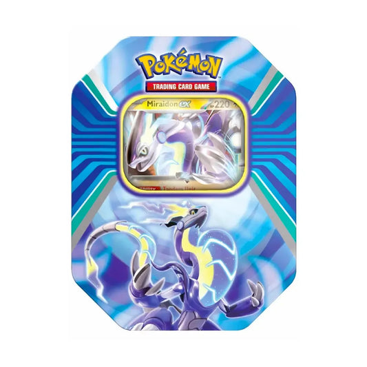 Pokémon Paldea Legends Miraidon ex Tin met promo kaart en 4 boosterpacks uit Scarlet & Violet en Silver Tempest.