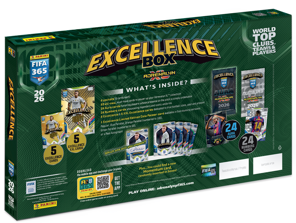 Schuinachteraanzicht van de FIFA 365 Excellence Box 2026 met een overzicht van de gegarandeerde inhoud op de verpakking.