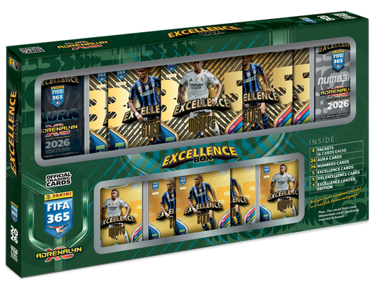 Schuinvooraanzicht van de officiële Panini Adrenalyn XL FIFA 365 Excellence Box 2026 met de exclusieve kaarten en packs.