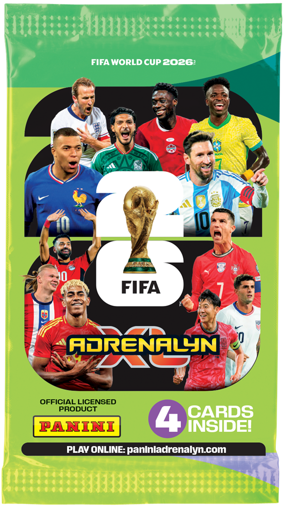 Panini Adrenalyn XL FIFA World Cup 2026 booster pack met 4 kaarten en Tijjani Reijnders actie