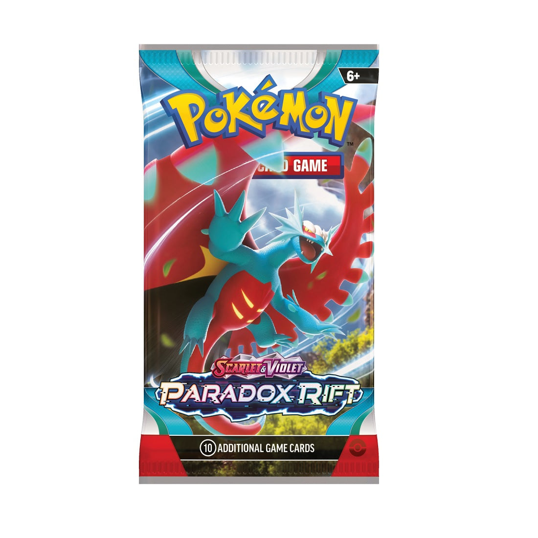 Pokémon TCG Scarlet and Violet Paradox Rift booster pack met artwork van Roaring Moon en Iron Valiant