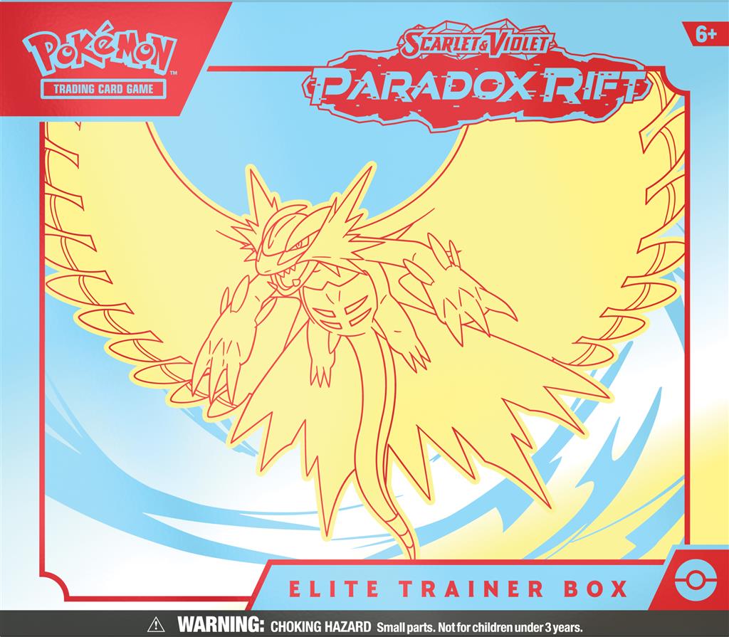 Pokémon TCG: Scarlet & Violet—Paradox Rift Elite Trainer Box met Roaring Moon ex en andere krachtige Pokémon.