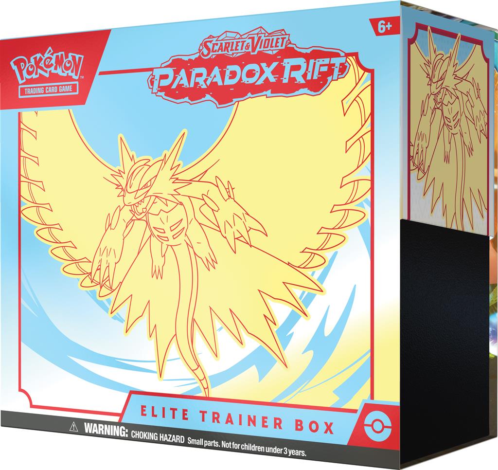 Pokémon TCG: Scarlet & Violet—Paradox Rift Elite Trainer Box met Roaring Moon ex en andere krachtige Pokémon.