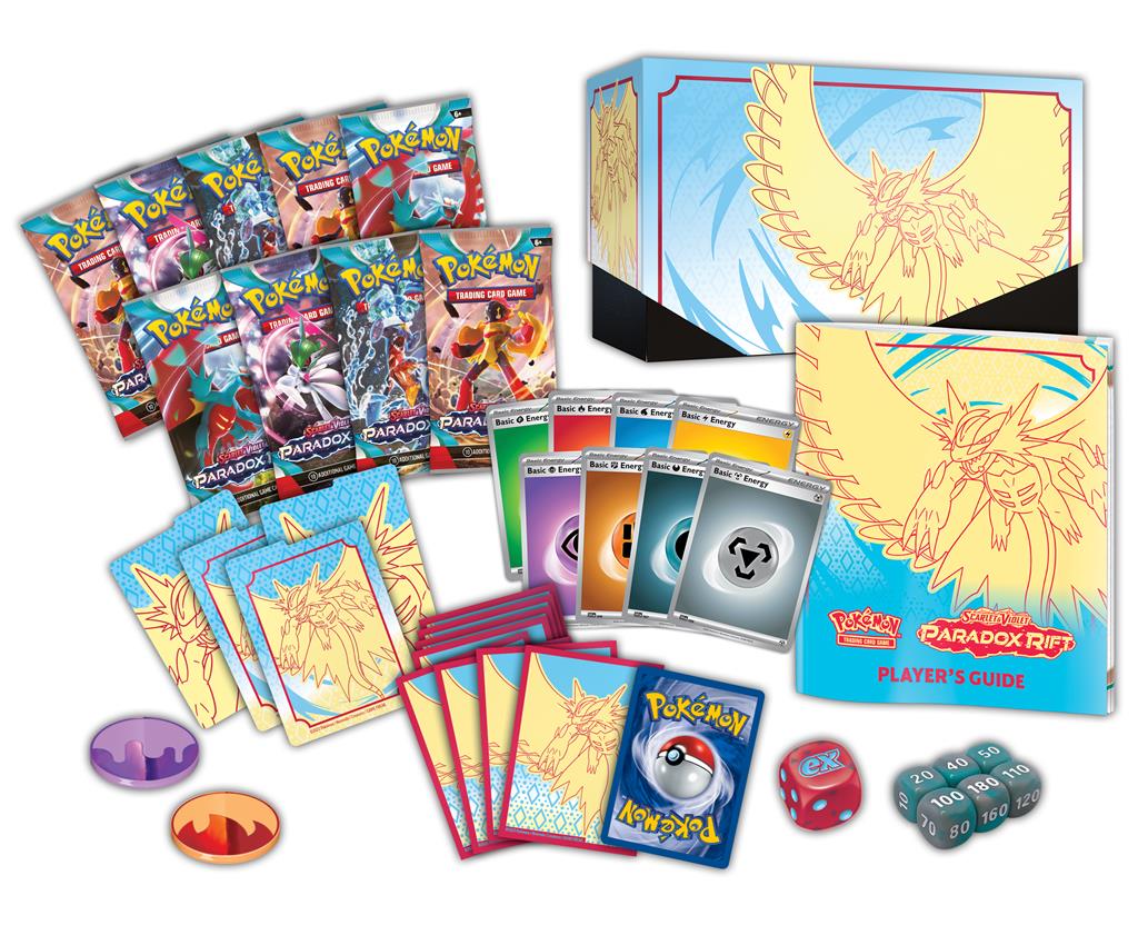 Pokémon TCG: Scarlet & Violet—Paradox Rift Elite Trainer Box met Roaring Moon ex en andere krachtige Pokémon.