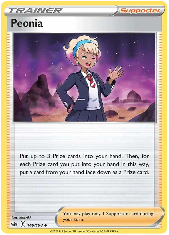 Peonia Supporter kaart nummer 149 uit de Pokémon set Chilling Reign geïllustreerd door kirisAki