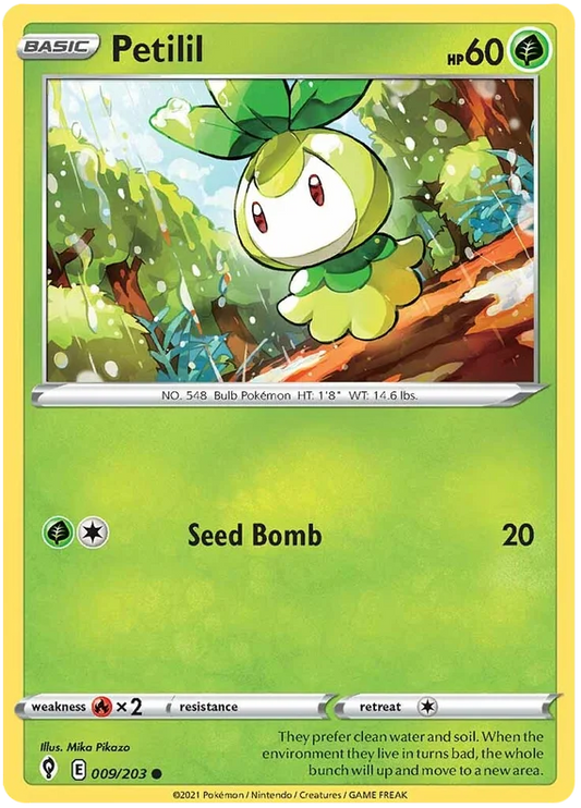 Petilil Pokémon kaart uit Evolving Skies, common gras type kaart voor je Pokémon verzameling of deck