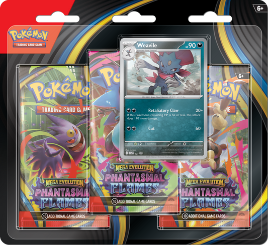 Phantasmal Flames 3-Blister Pack Weavile met drie boosterpacks en Weavile promo kaart