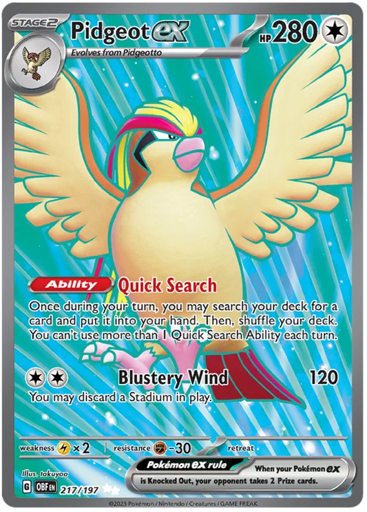 Pidgeot ex Ultra Rare kaart uit de Obsidian Flames set, kaartnummer 217/197