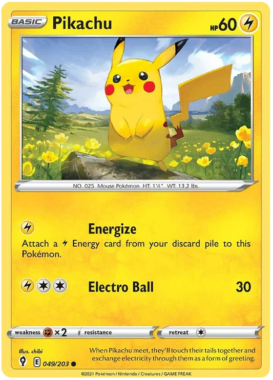 Pikachu common kaart #049/203 uit de Pokémon Evolving Skies set met Electro Ball aanval