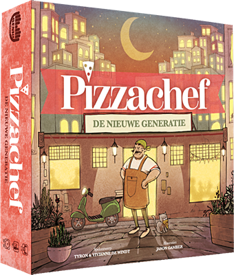 Doos van het bordspel Pizzachef De Nieuwe Generatie met kleurrijke illustraties van pizza's en de pizzeria La Casa della Pizza