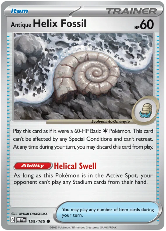 Pokémon 151 Helix Fossil trainerkaart nummer 153 van 165, common rarity
