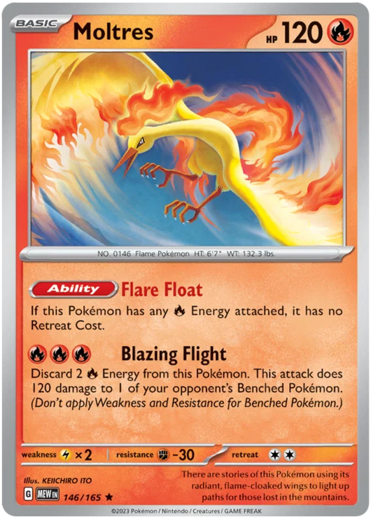 Moltres Holo kaart nummer 146 uit de Pokémon 151 set