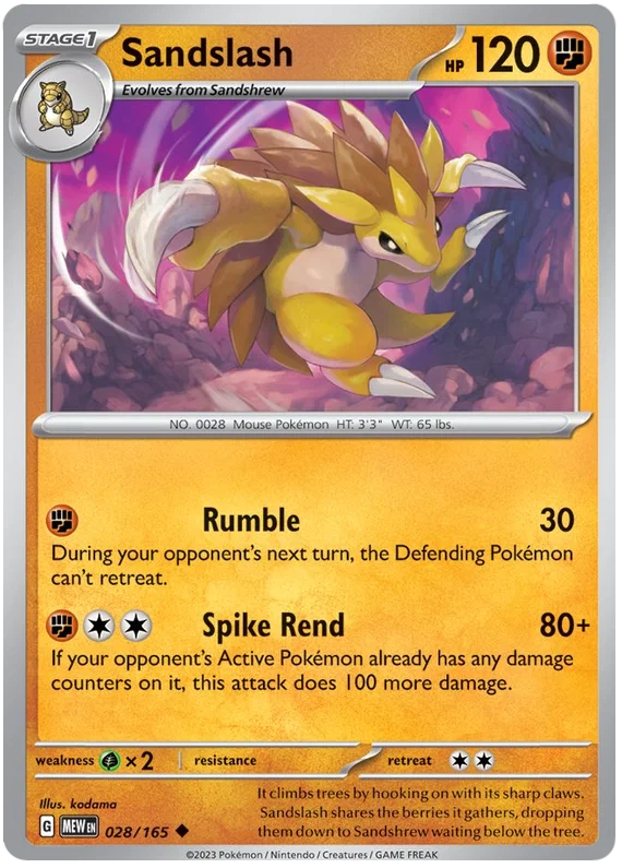 Sandslash common kaart nummer 028 uit de Pokémon 151 set