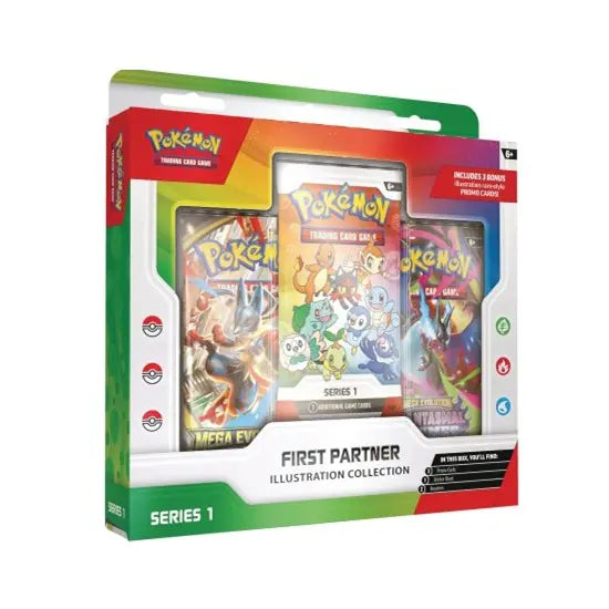 Vooraanzicht van de Pokémon TCG First Partner Illustration Collection Serie 1 verpakking voor het 30-jarig jubileum.