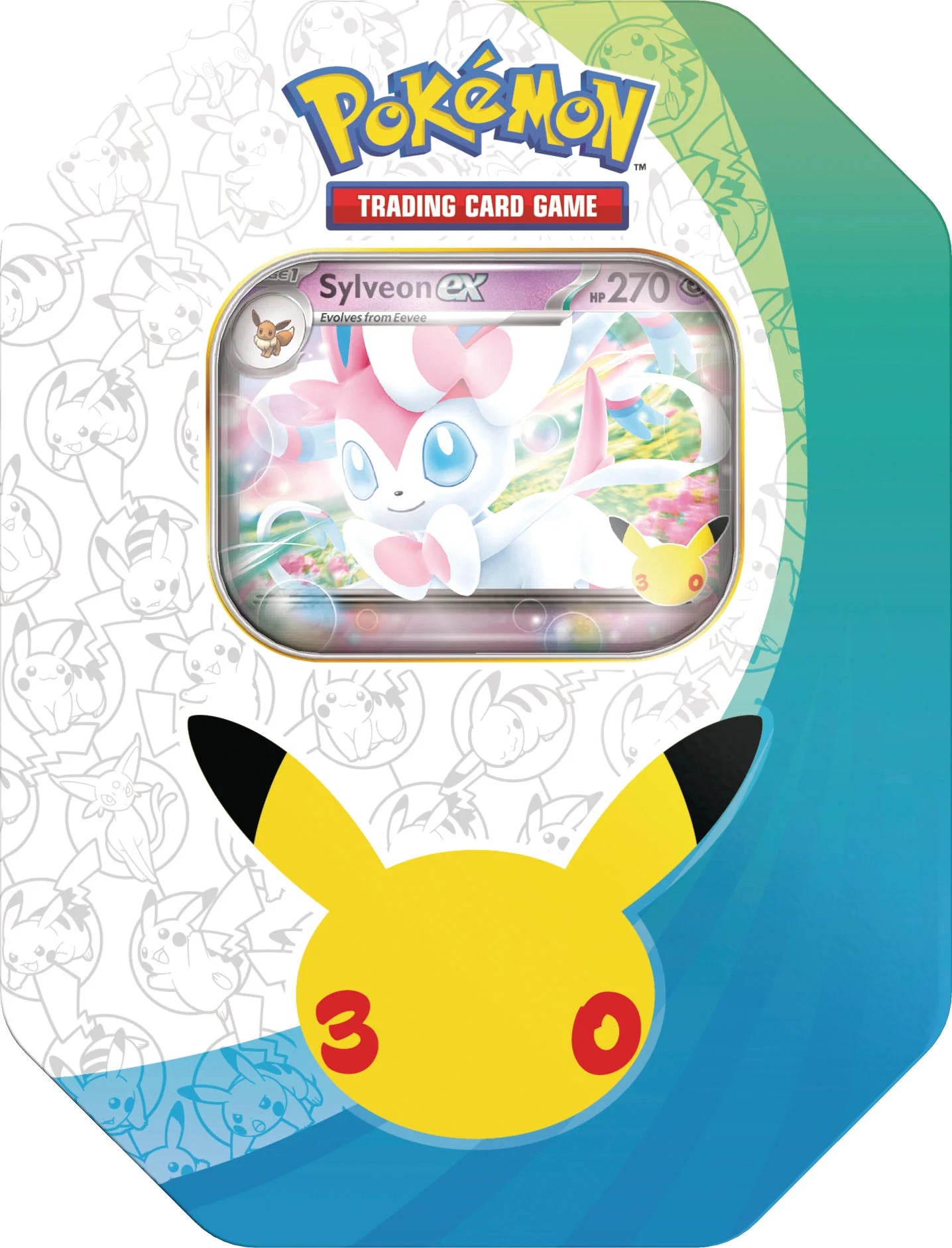 Pokémon 30th Celebration Sylveon ex Tin met Pikachu jubileumdesign en foil promo card
