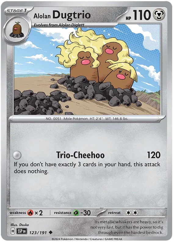 Alolan Dugtrio common Pokémon kaart #123 uit de Surging Sparks set