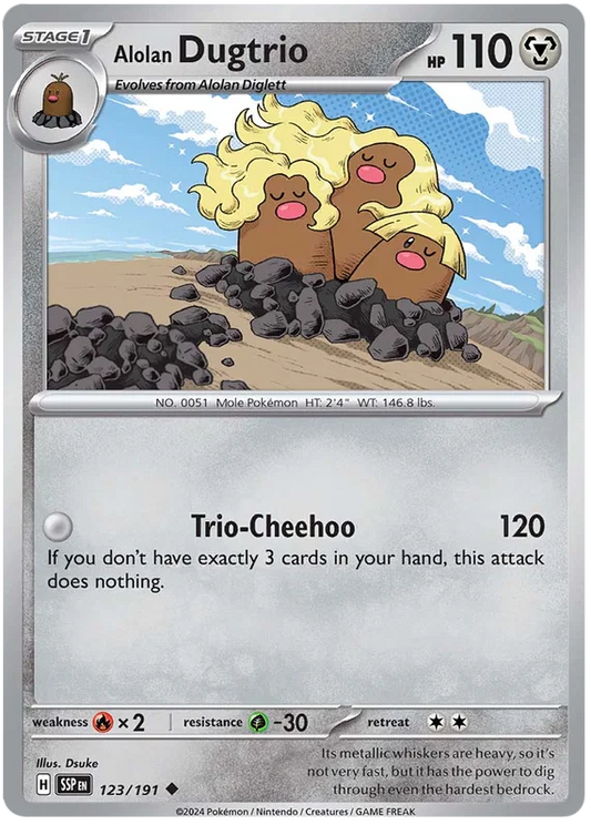 Alolan Dugtrio common Pokémon kaart #123 uit de Surging Sparks set
