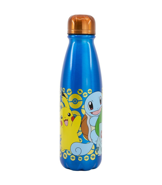 Vooraanzicht van de blauwe Pokémon aluminium thermo drinkfles met oranje dop en afbeelding van de Kanto starters.