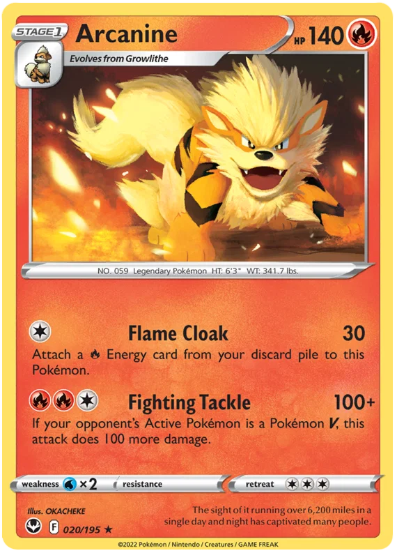 Arcanine common kaart nummer 020 uit de Pokémon Silver Tempest set