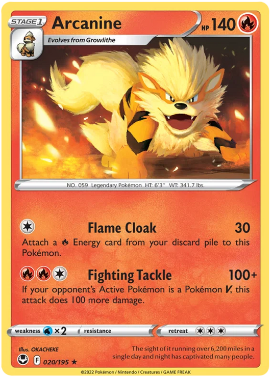 Arcanine common kaart nummer 020 uit de Pokémon Silver Tempest set