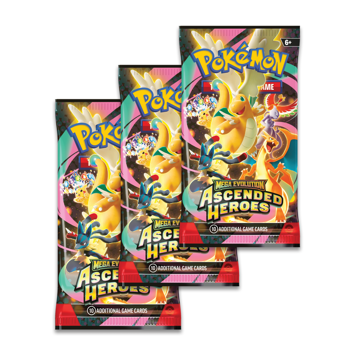 Drie Pokémon TCG Ascended Heroes booster packs uit de Charmander Tech Sticker set