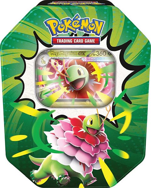Pokémon Ascended Heroes Collector's Tin met Mega Meganium ex foil promo kaart en boosterpacks