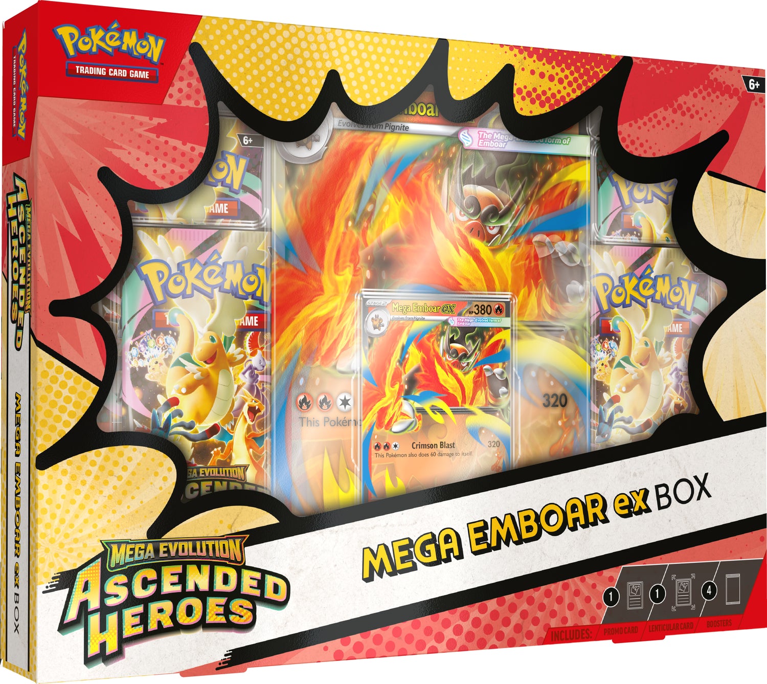 Vooraanzicht van de Pokémon Ascended Heroes Mega Emboar-EX Collection Box met de foil promo kaart en jumbo kaart prominent in beeld.