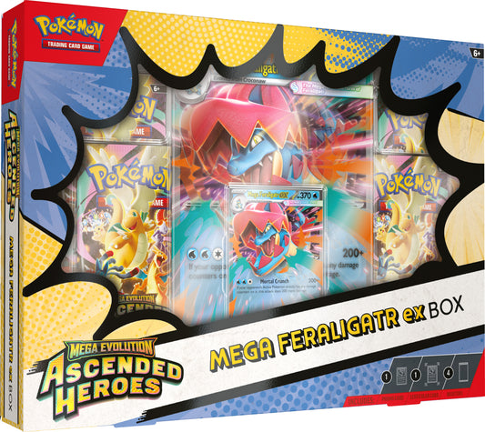Vooraanzicht van de Pokémon Ascended Heroes Mega Feraligatr-EX Collection Box met de foil promo kaart en jumbo kaart zichtbaar.
