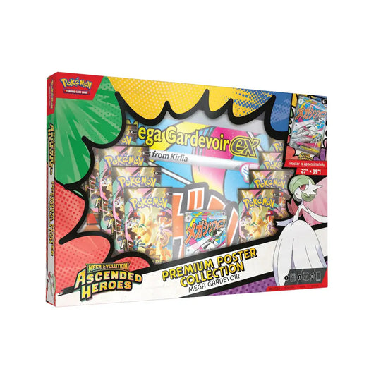 Vooraanzicht van de grote Pokémon TCG Ascended Heroes Mega Gardevoir Premium Poster Collection inclusief 10 boosters en poster.
