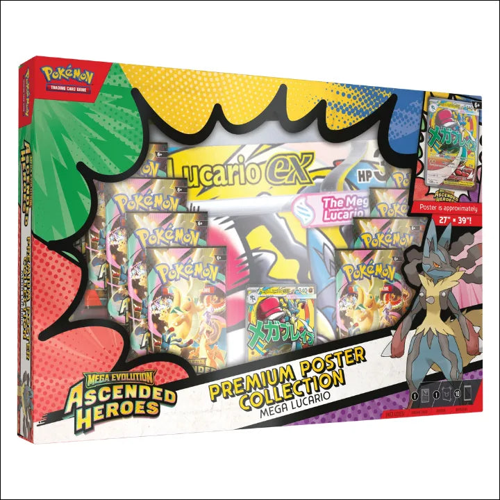 Vooraanzicht van de grote Pokémon TCG Ascended Heroes Mega Lucario Premium Poster Collection met 10 booster packs en promo kaart.