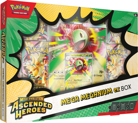 Vooraanzicht van de Pokémon Ascended Heroes Mega Meganium-EX Collection Box met de promo kaart en jumbo kaart zichtbaar.