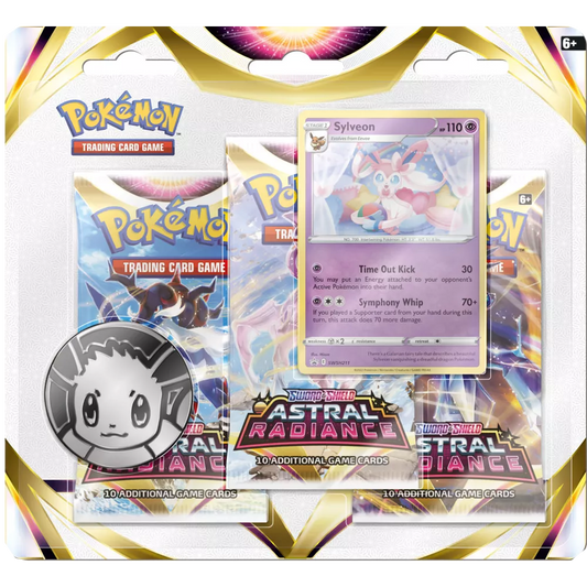Pokémon Astral Radiance Sylveon 3-Pack Blister met Eevee munt, Sylveon promo kaart en 3 Pokémon boosterpacks vol Astral Radiance kaarten zoals Palkia en Dialga
