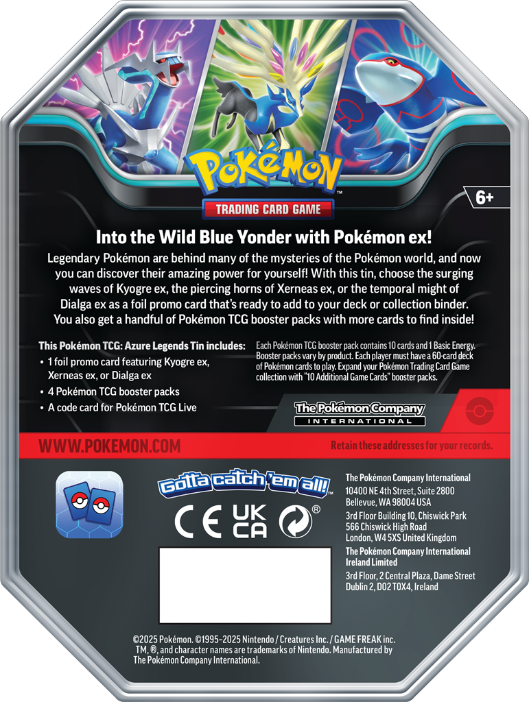 Pokémon Azure Legends ex Tin met Kyogre ex, Xerneas ex of Dialga ex promo kaart uit de Scarlet and Violet serie