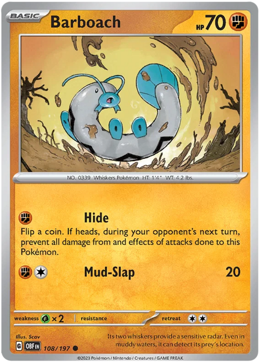 Pokémon Barboach #108 common kaart uit de Obsidian Flames set