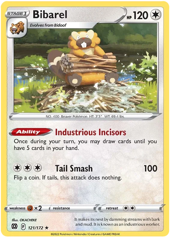 Bibarel Holo Pokémon kaart nummer 121/172 uit de Brilliant Stars set met Industrious Incisors ability