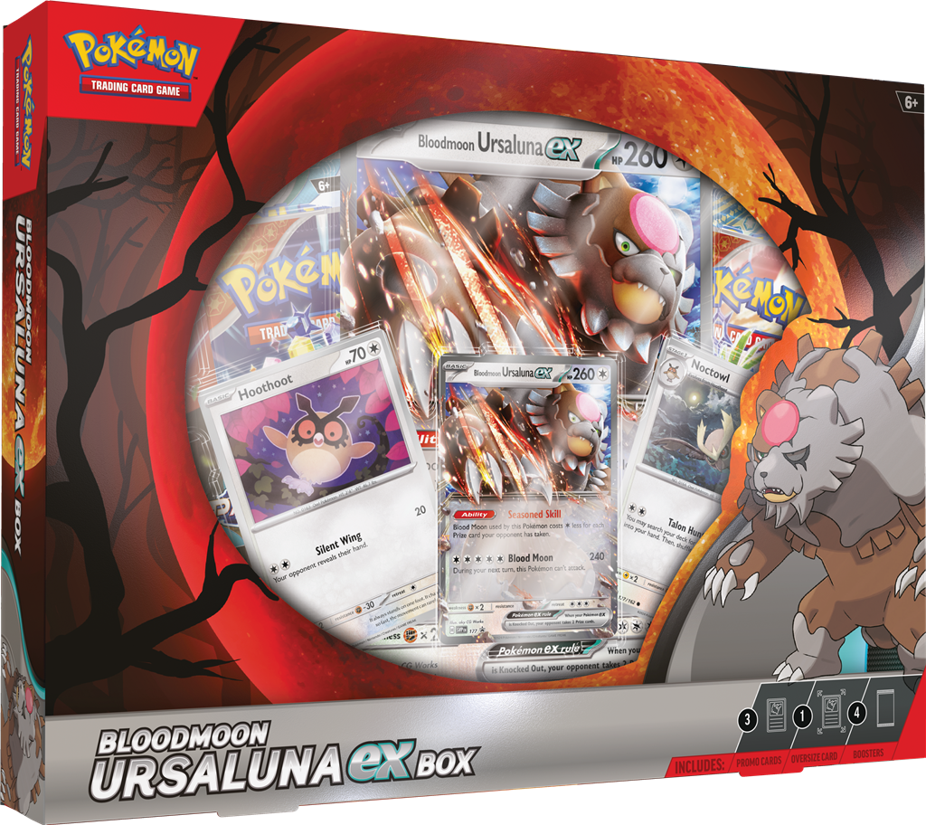 Pokémon Bloodmoon Ursaluna EX Box met promo kaarten van Ursaluna EX, Hoothoot, Noctowl en vier booster packs.