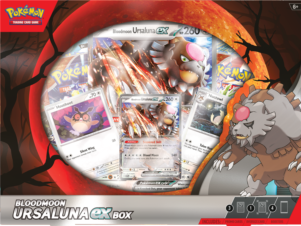 Pokémon Bloodmoon Ursaluna EX Box met promo kaarten van Ursaluna EX, Hoothoot, Noctowl en vier booster packs.