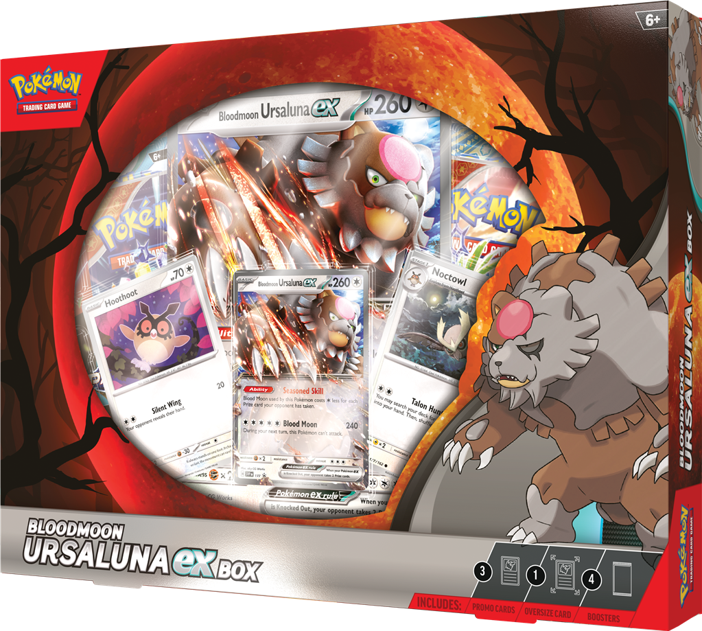 Pokémon Bloodmoon Ursaluna EX Box met promo kaarten van Ursaluna EX, Hoothoot, Noctowl en vier booster packs.
