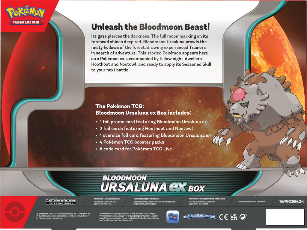 Pokémon Bloodmoon Ursaluna EX Box met promo kaarten van Ursaluna EX, Hoothoot, Noctowl en vier booster packs.