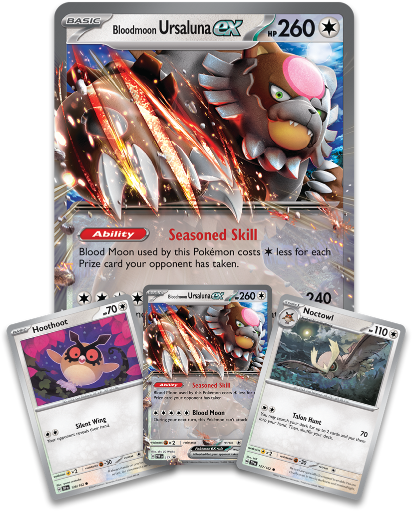 Pokémon Bloodmoon Ursaluna EX Box met promo kaarten van Ursaluna EX, Hoothoot, Noctowl en vier booster packs.